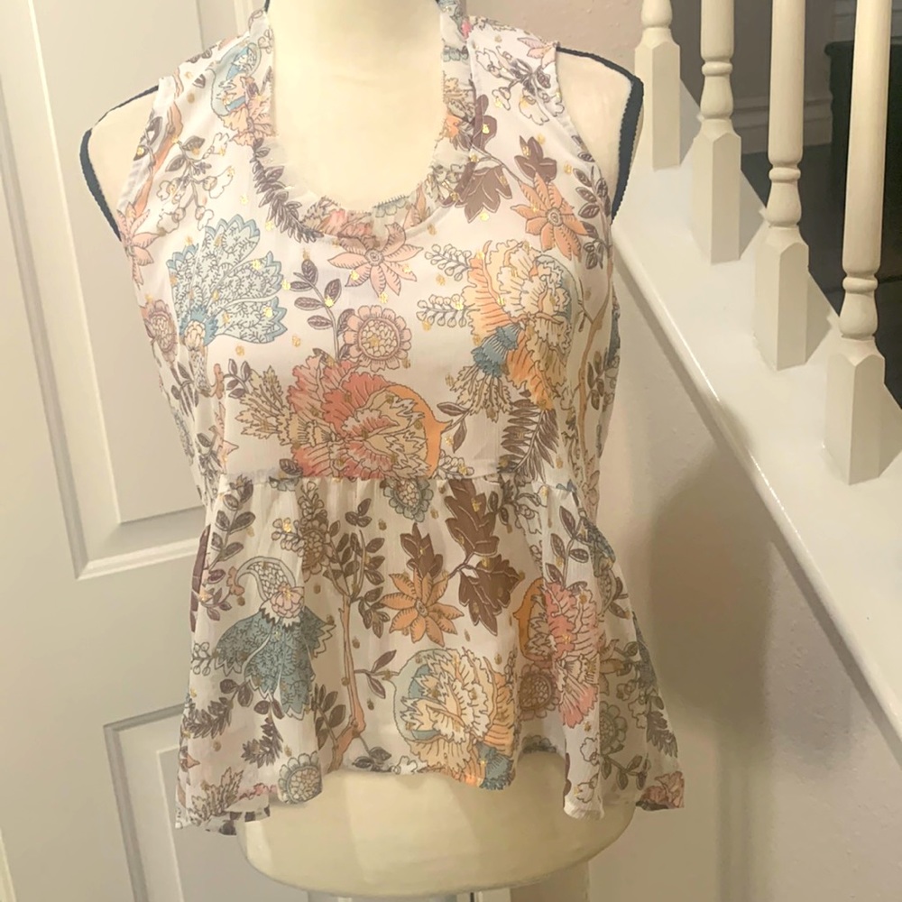 LOFT White Multicolor Floral Sleeveless Top with Ruffled Hemline, Medium